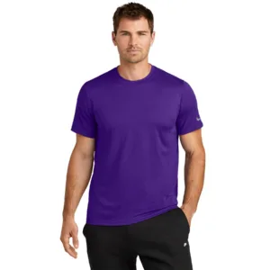 Man in purple Nike Dri-FIT performance t-shirt with swoosh logo for athletic corporate apparel