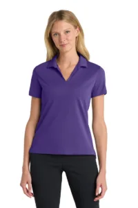 Nike women's Dri-FIT Micro Pique polo shirt in purple with open V-neck collar and embroidered Swoosh on sleeve
