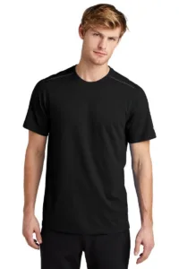 Man wearing black OGIO ENDURANCE moisture-wicking performance t-shirt with reflective details for active branding