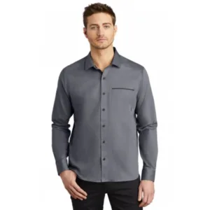 OGIO Urban button-down shirt in charcoal grey with marled texture and stay-cool fabric
