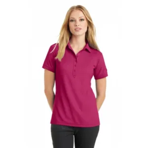 OGIO women's Jewel polo shirt in magenta pink with contoured fit and six-button placket with OGIO badge