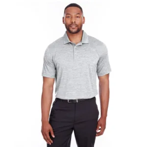 Gray PUMA GOlf Icon Heather Polo on model