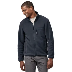 Patagonia men's Synchilla recycled fleece jacket in navy with zippered chest pocket and stand collar