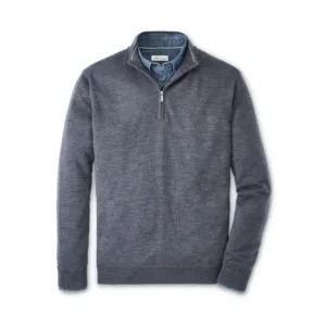 Peter Millar men's Autumn Crest quarter-zip sweater in charcoal merino wool with ribbed trim