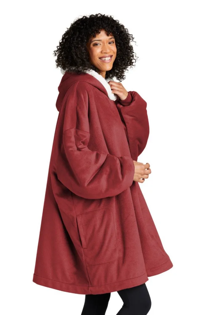 Port Authority Mountain Lodge wearable blanket hoodie in burgundy red color