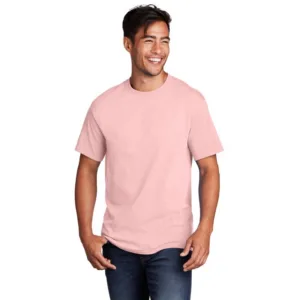 Man in pink Port & Company core cotton t-shirt offering budget-friendly options for promotional events