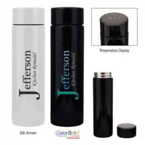 Stainless steel insulated bottle with digital temperature display lid showing Fahrenheit reading and branding