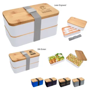 Bamboo lid bento lunch box with utensils, removable divider and elastic strap closure