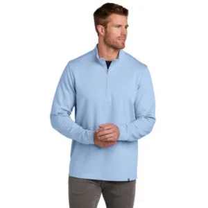 TravisMathew Coveside men's quarter-zip pullover in light blue with four-way stretch polyester-cotton blend