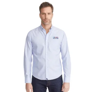 UNTUCKit men's Hillside wrinkle-free button-down shirt in light blue with custom untucked length