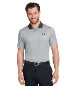 Under Armour men's 3.0 performance polo in white with black diagonal stripe texture and contrast collar