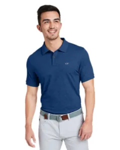 Vineyard Vines Edgartown pique men's polo in heather blue with embroidered whale logo on chest