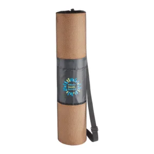 Natural cork yoga mat with non-slip rubber backing and mesh carrying pouch with strap
