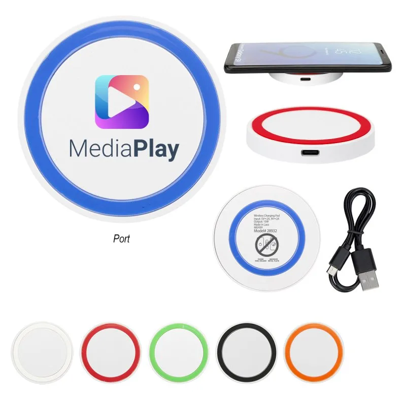 Wireless phone charging pad with custom logo and multiple color ring options