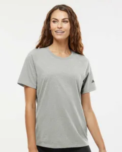 Woman wearing gray adidas blended t-shirt with three-stripe logo on sleeve for custom branding