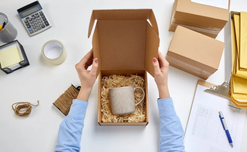 Small business owner preparing a product giveaway box with a custom mug