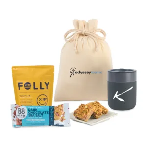 Coffee gift set with branded mug, gourmet coffee, snacks in canvas drawstring bag