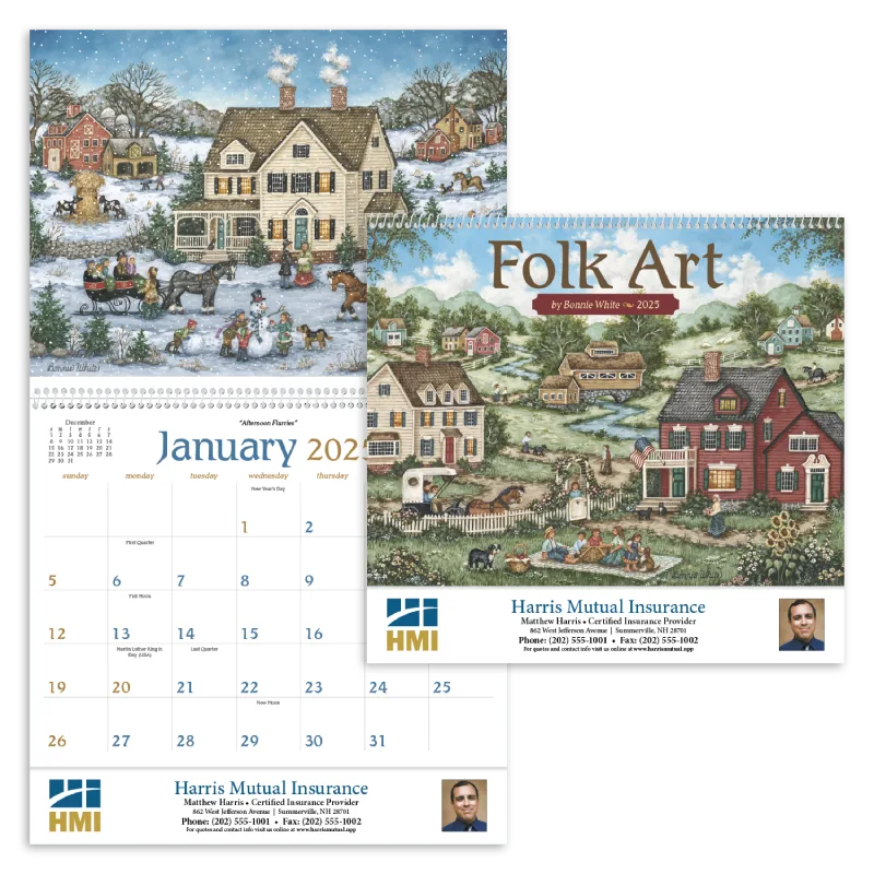 Folk art calendar featuring winter holiday scenes by Bonnie White artist
