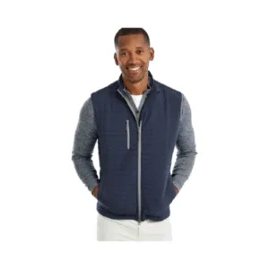 johnnie-O men's Crosswind quilted performance vest in navy with contrast grey sleeves