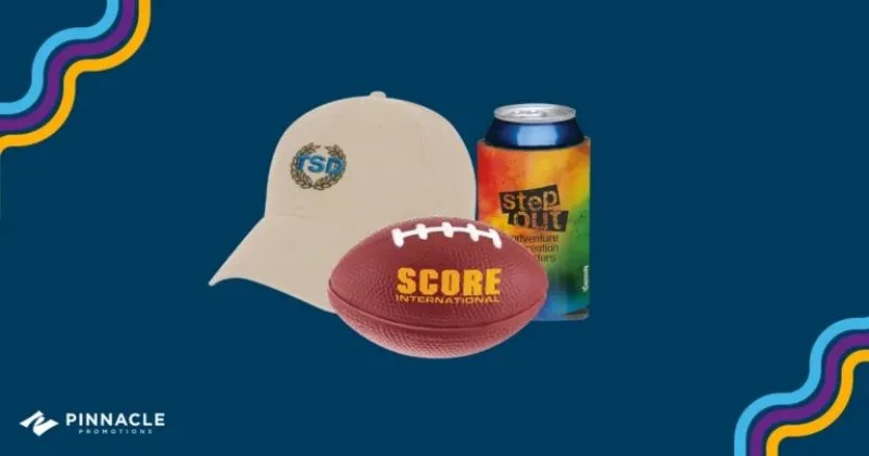 Branded football stress ball, baseball cap and colorful can cooler for sports-themed employee benefits campaign