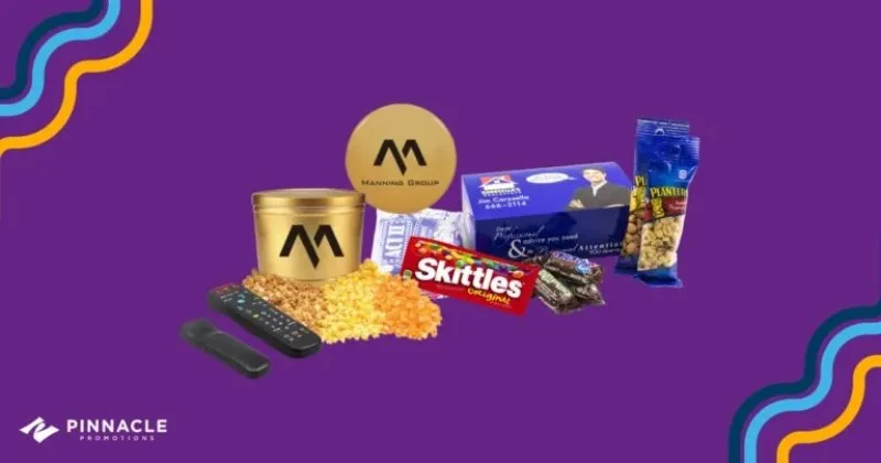  Branded movie snack gift set with popcorn tins, candy boxes and snack items for entertainment-themed benefits