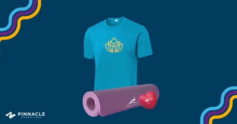 Branded moisture-wicking performance shirt and yoga mat for wellness-focused employee benefits campaign