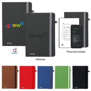 Smart reusable notebook digitizing handwritten notes via app with QR code technology and branding