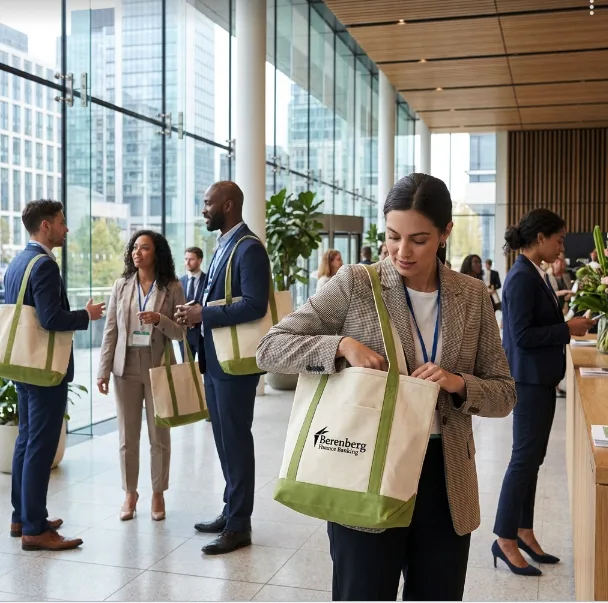 People holding swag items for events including branded canvas tote bags