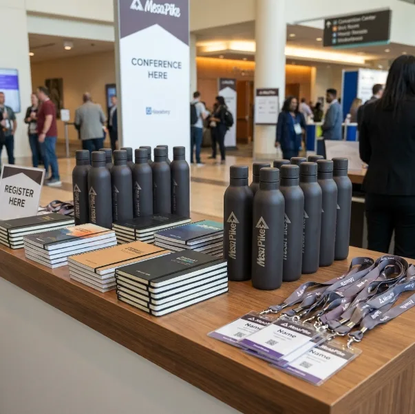 Table of conference swag ideas including water bottles, notebooks, and lanyards.