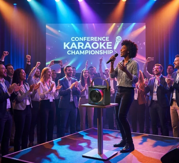 A woman singing at a conference karaoke contest in front of a branded karaoke machine.