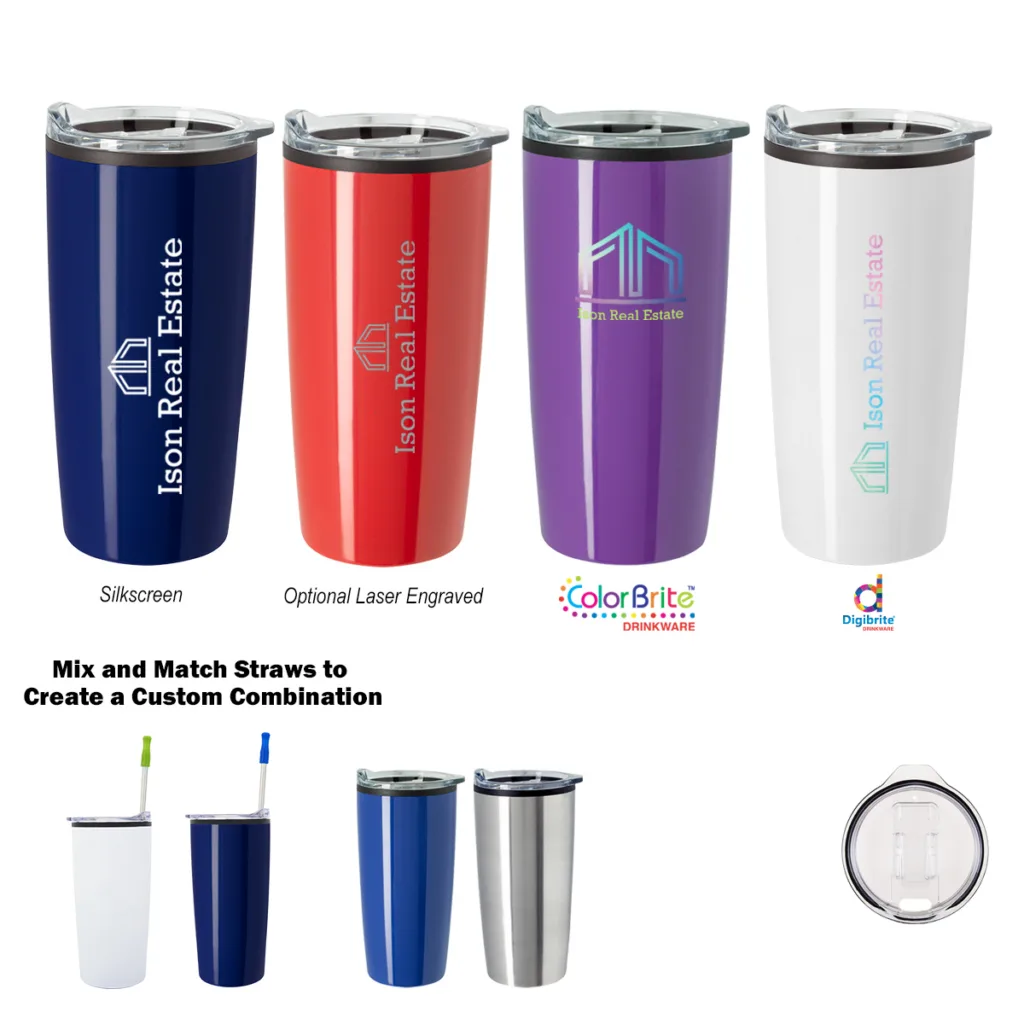 Custom tumblers in various colors sold as affordable promotional items