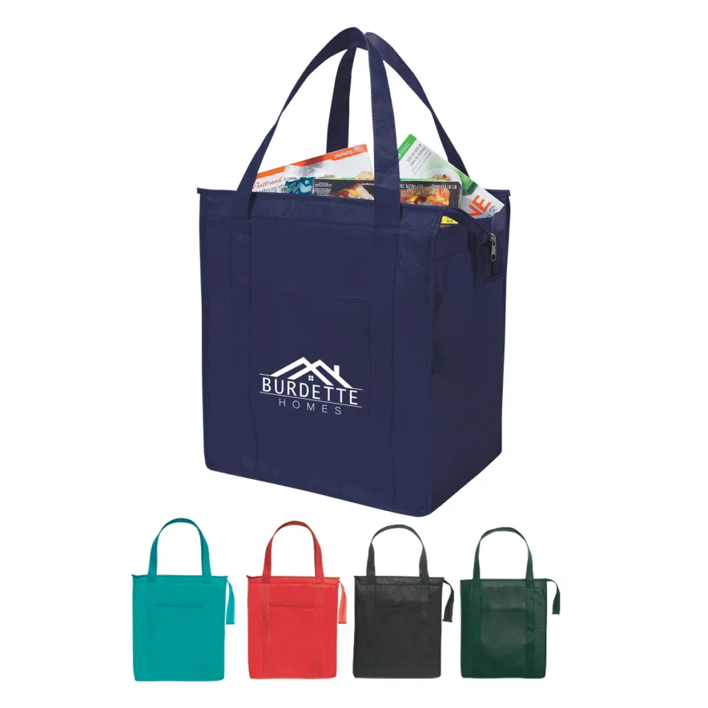 Blue, teal, read, black, and green tote bag as inexpensive promotional giveaways