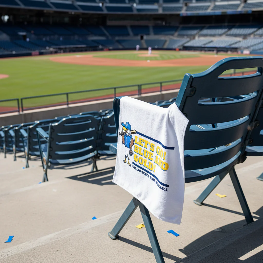 Custom rally towel hanging on stadium seat