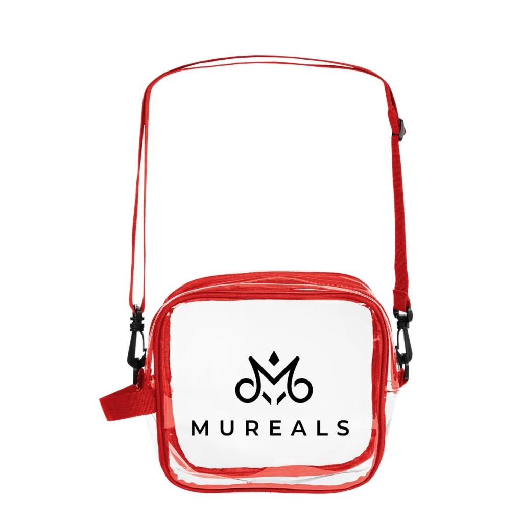 Clear crossbody bag with logo and red straps for school events