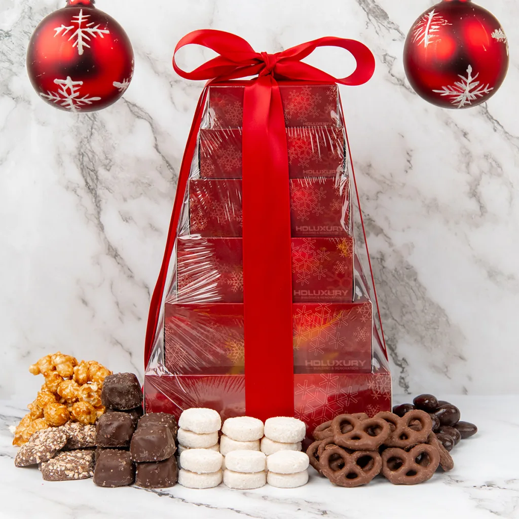 Tier of holiday boxes with branded chocolate treats