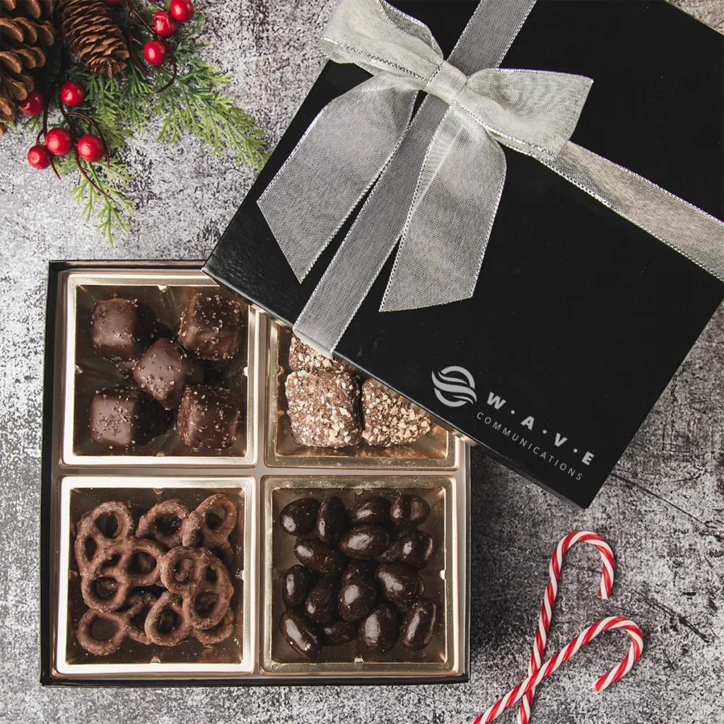 Branded chocolate variety pack with logo on box