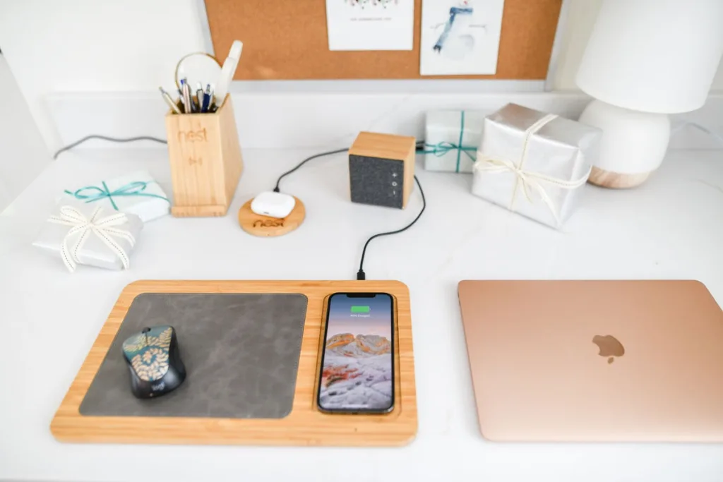 Branded bamboo charging mouse pad with logo