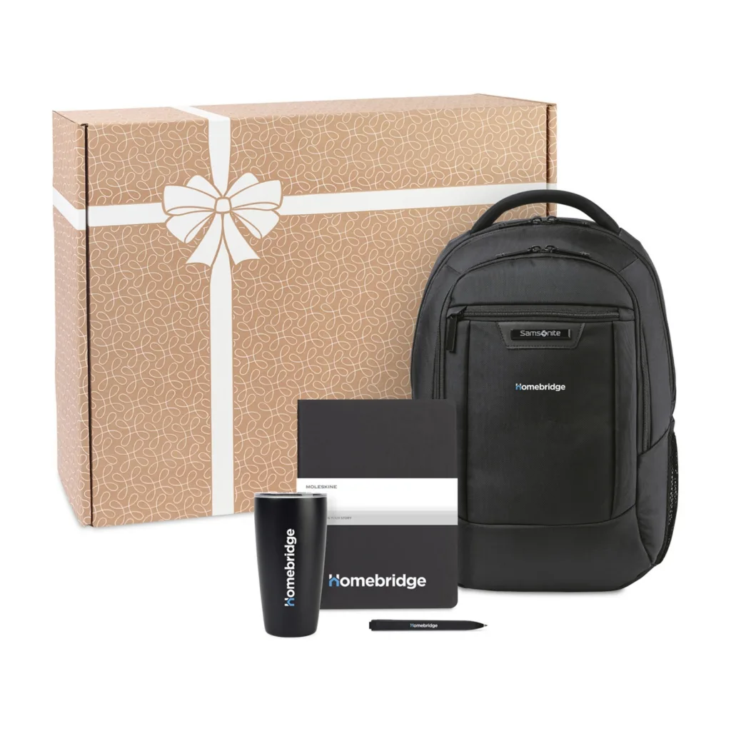 Branded welcome team kit with backpack, journal, tumbler, and pen