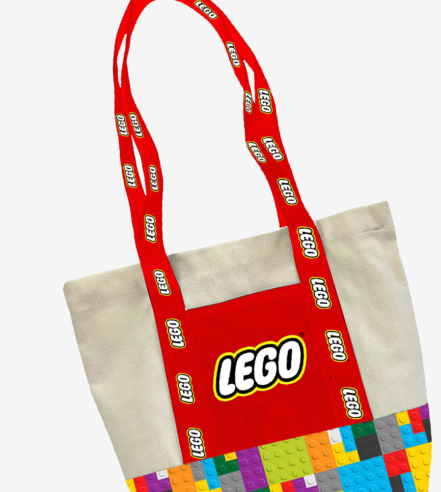 Tan canvas tote bag with full color logo and handle