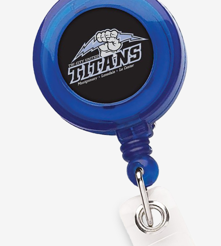 Blue circular badge reel with logo on center
