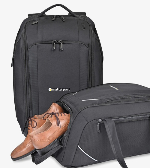 Black convertible backpack with a pair of shoes