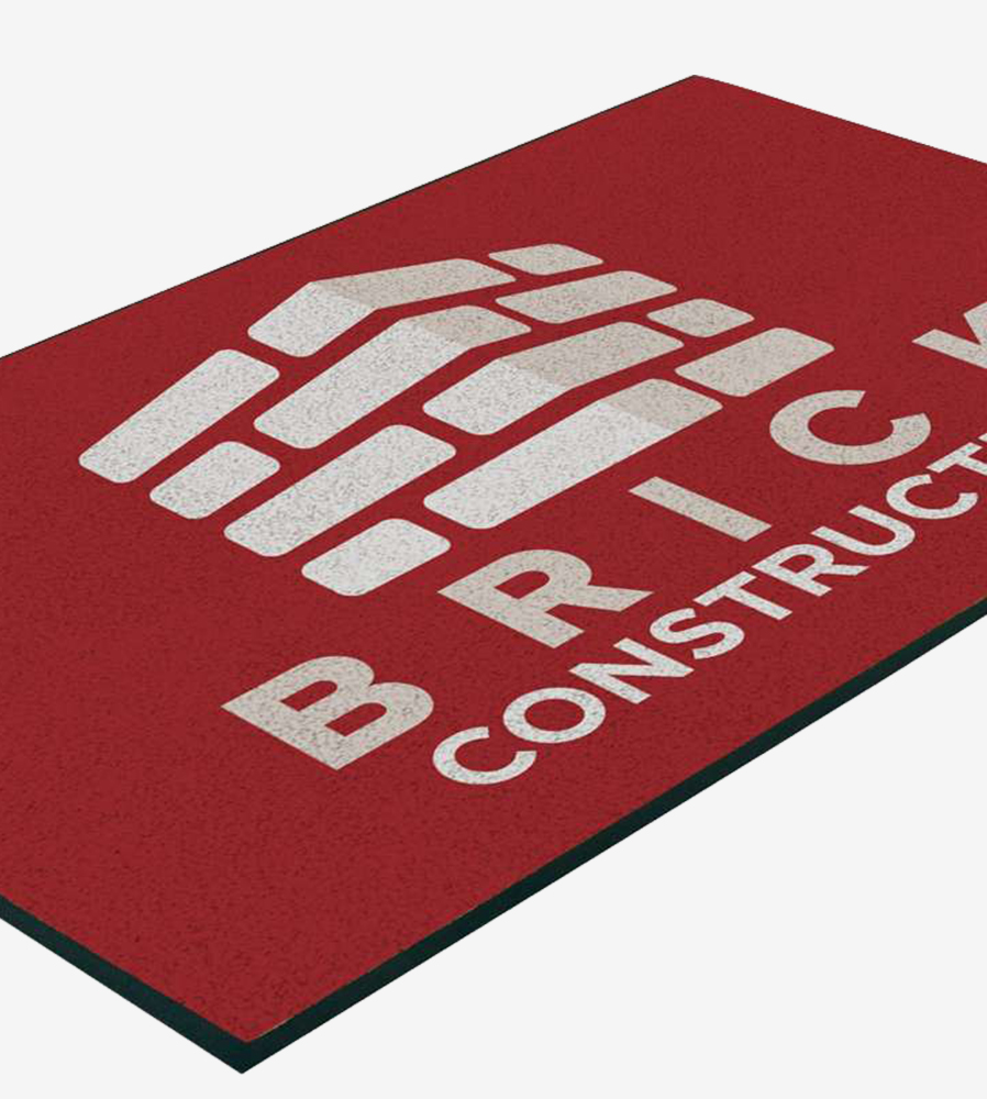 Red entry floor mat with white logo