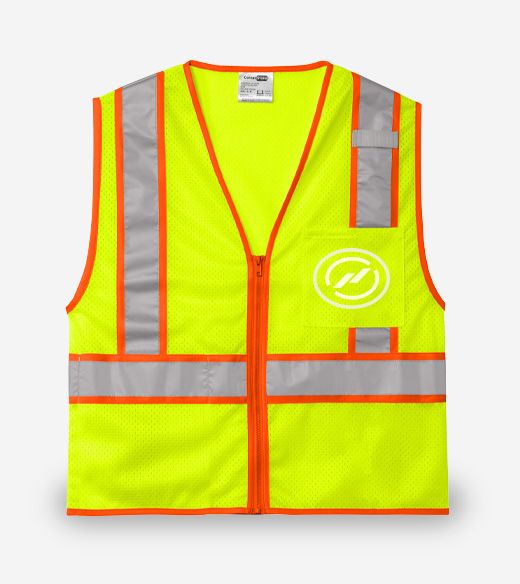 high-visibility neon yellow safety vest with orange trim and silver reflective horizontal stripes.