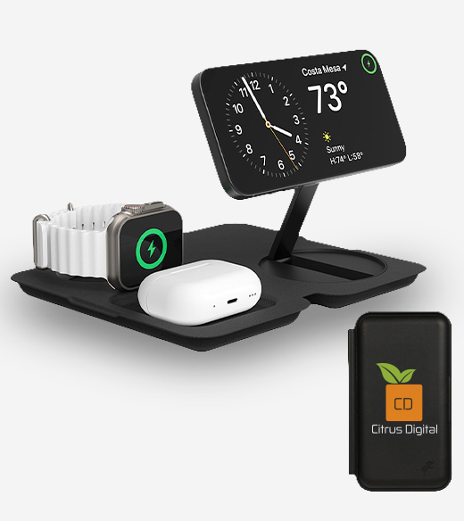 Black 3-in-1 folding wireless charging station powering a smartphone, smartwatch, and earbuds