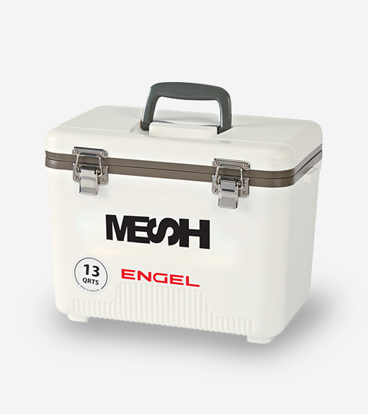 white Engel 13-quart hard-sided cooler with a grey handle and metal latches