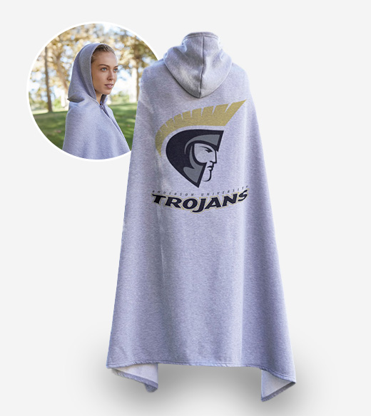 gray wearable stadium blanket with Trojans team logo