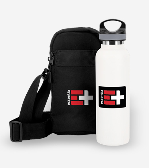 A white insulated water bottle with a black carry handle sits next to a small black crossbody bag