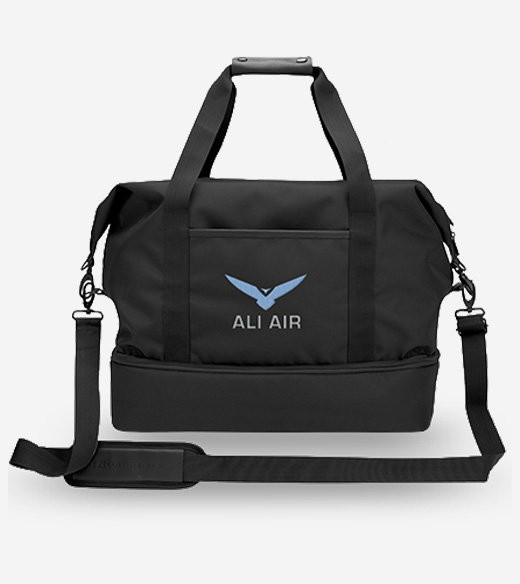 Black Ali Air branded drop-bottom weekender bag 