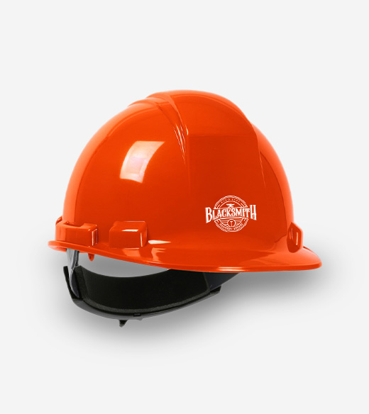 A bright orange industrial hard hat featuring a white circular "Blacksmith" logo on the side