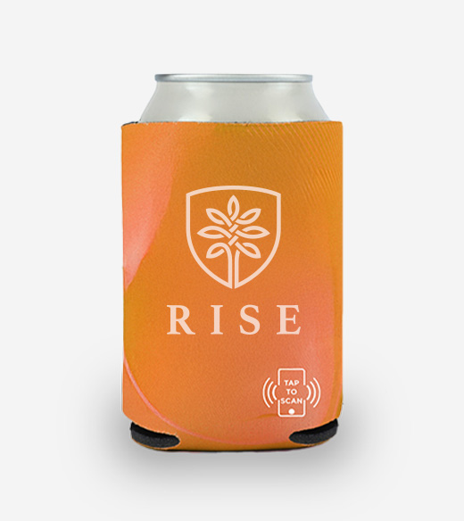 An orange can cooler with a white logo featuring a tree inside a shield